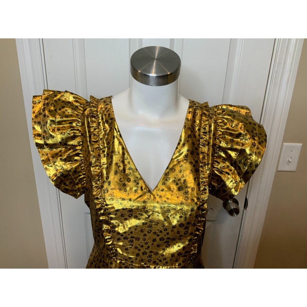 LoveShackFancy Zoya Dress Metallic Safari Gold Ruffle, Size 6, New! - Picture 2 of 8